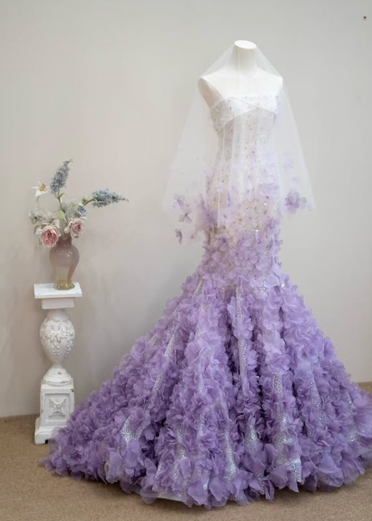 Stunning Mermaid Strapless Beaded Purple Ombre Floral Tulle Long Prom Dress SH5039