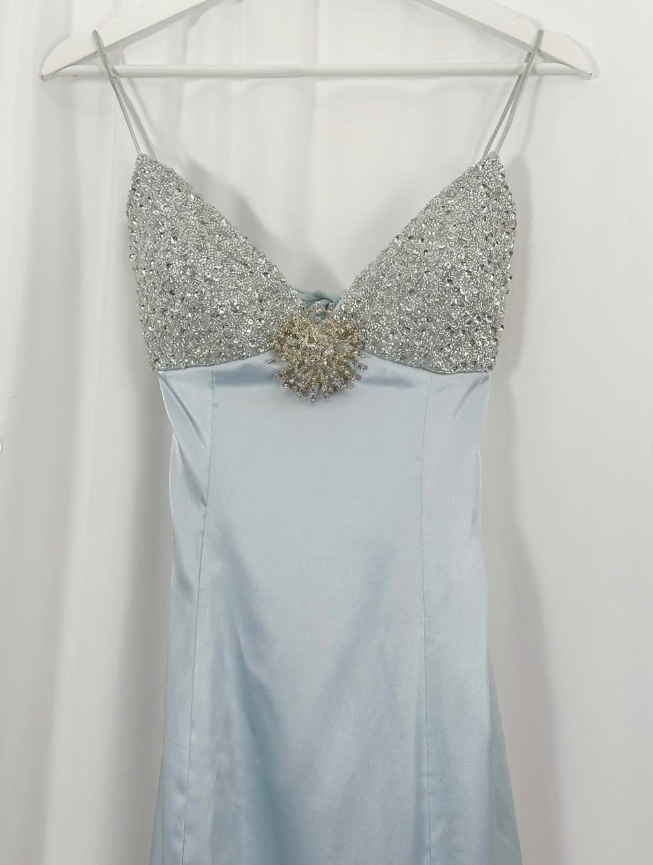 Baby Blue A Line Spaghetti Strap Sequin Satin Long Prom Dress Gown Dress SH3590
