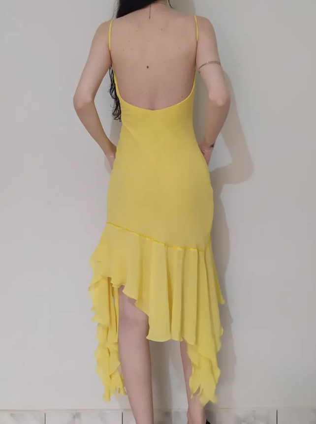 Cute Sheath Spaghetti Strap Beaded Yellow Ruffle Chiffon Prom Dress Graduation Prom Dress SH2569