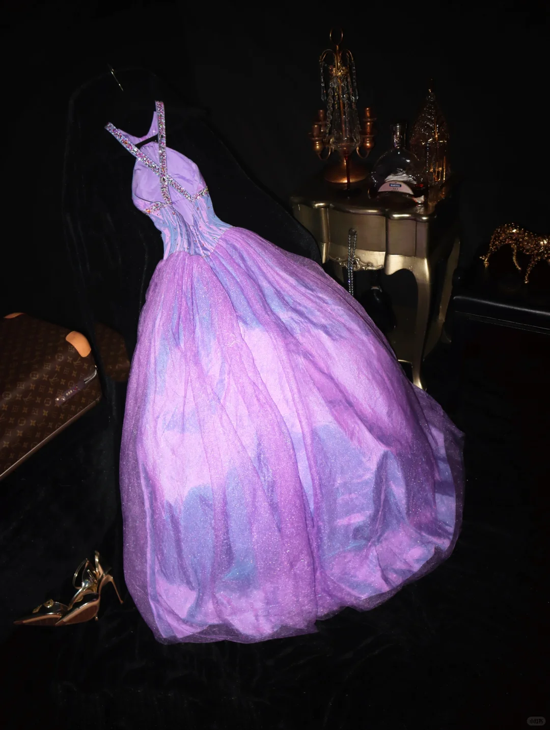 Stunning A Line Halter Beaded Sequin Purple Satin Tulle Long Party Dress Evening Dress SH3136