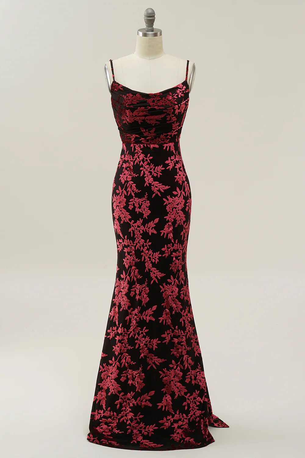 Vintage Mermaid Spaghetti Straps Burgundy Printed Velvet Long Prom Dress with Slit SH1921