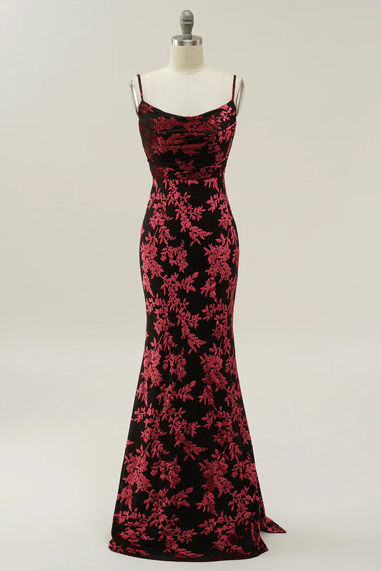 Vintage Mermaid Spaghetti Straps Burgundy Printed Velvet Long Prom Dress with Slit SH1921