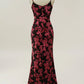 Vintage Mermaid Spaghetti Straps Burgundy Printed Velvet Long Prom Dress with Slit SH1921
