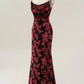Vintage Mermaid Spaghetti Straps Burgundy Printed Velvet Long Prom Dress with Slit SH1921