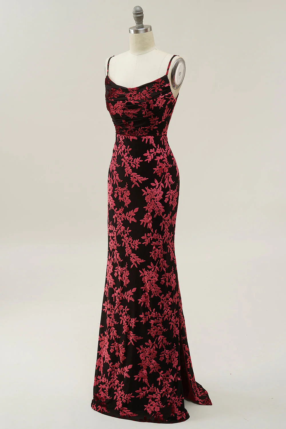 Vintage Mermaid Spaghetti Straps Burgundy Printed Velvet Long Prom Dress with Slit SH1921