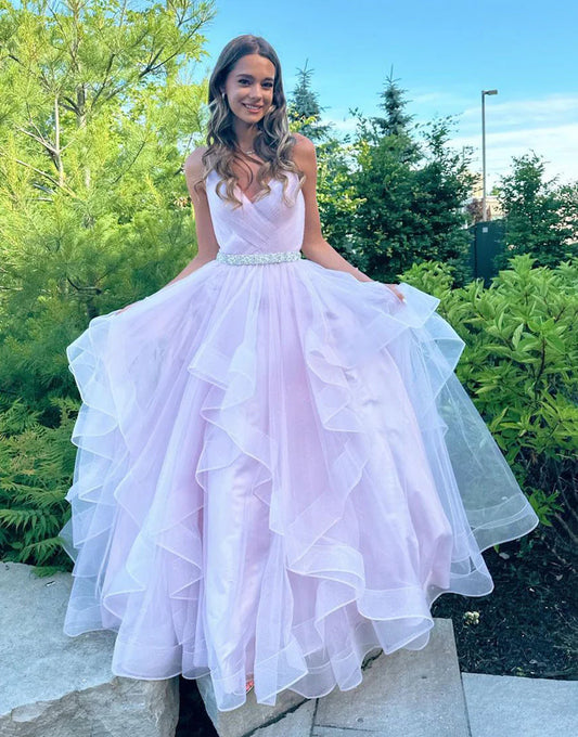 Light Pink A Line V-neck Ruffled Tulle Prom Dress With Belt SH1702