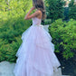 Light Pink A Line V-neck Ruffled Tulle Prom Dress With Belt SH1702