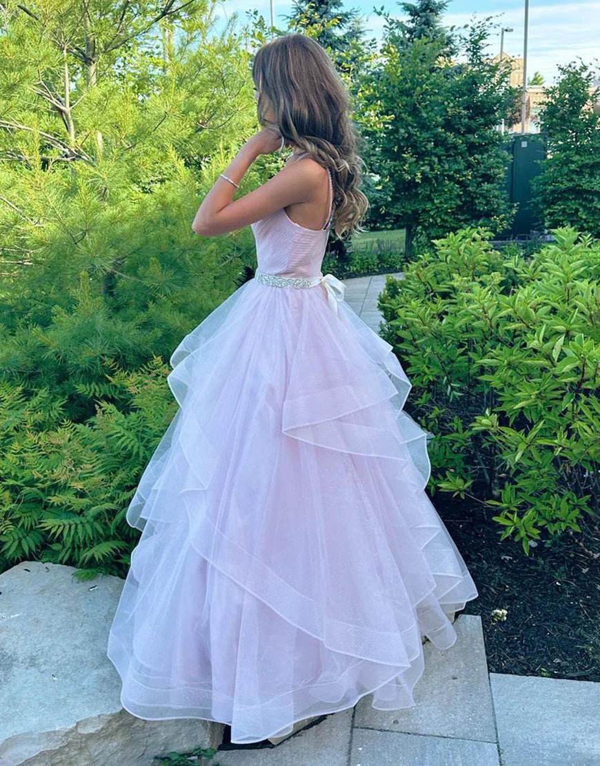 Light Pink A Line V-neck Ruffled Tulle Prom Dress With Belt SH1702