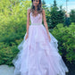 Light Pink A Line V-neck Ruffled Tulle Prom Dress With Belt SH1702