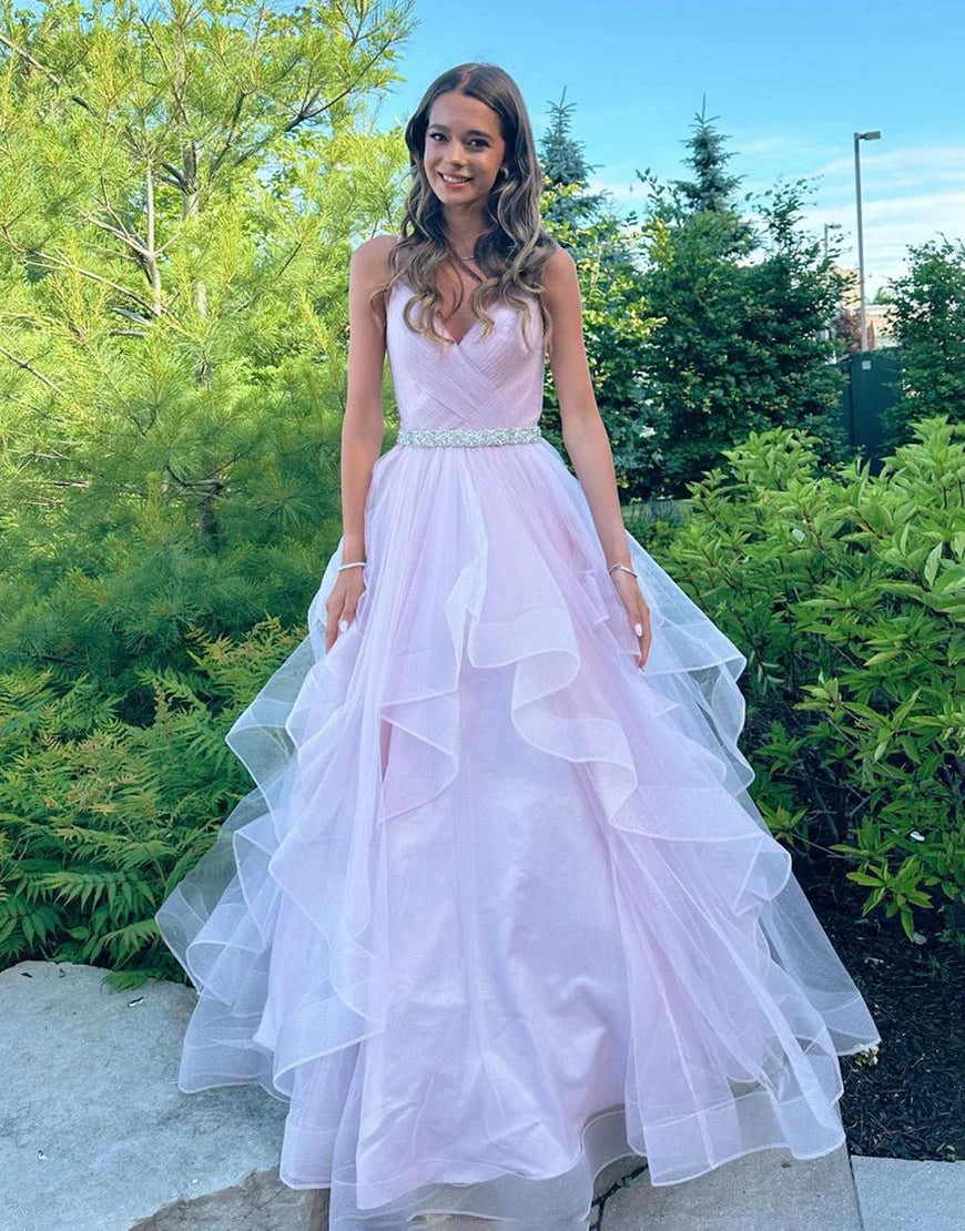 Light Pink A Line V-neck Ruffled Tulle Prom Dress With Belt SH1702