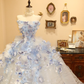Blue Ombre Floral Ball Gown Strapless Tulle Long Prom Dress Evening Dress SH7384