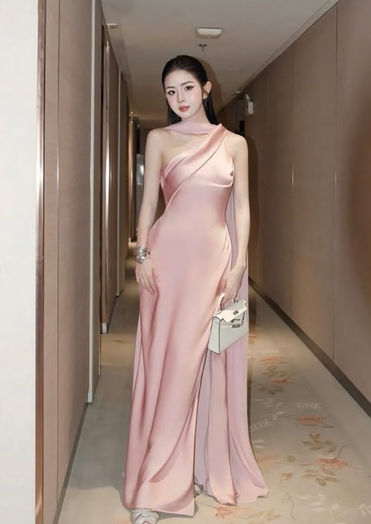 Elegant Sheath One Shoulder Pink Satin Long Prom Dress Party Dress SH4667
