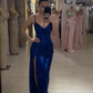 Shiny Sheath V Neck Blue Sequin Long Evening Dress Prom Dress with Slit SH4826