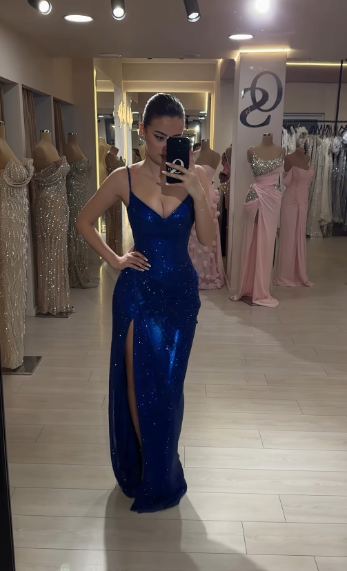 Shiny Sheath V Neck Blue Sequin Long Evening Dress Prom Dress with Slit SH4826