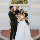 Cute Ball Gown Straps Blue Bow White Satin Long Prom Dress Wedding Dress SH7444