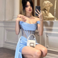 Sexy Sheath Off the Shoulder Corset Blue Satin Homecoming Dress Cocktail Dress SH3185