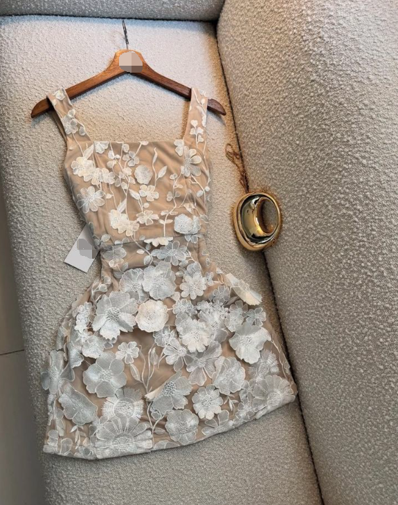 Pretty A Line Strap White Appliques Nude Satin Short Prom Dress Homecoming Dress SH7999