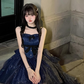 Dramy Navy Blue Ball Gown Spaghetti Strap Bow Satin Tulle Short Prom Dress Homecoming Dress SH6439