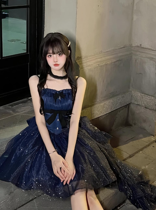 Dramy Navy Blue Ball Gown Spaghetti Strap Bow Satin Tulle Short Prom Dress Homecoming Dress SH6439