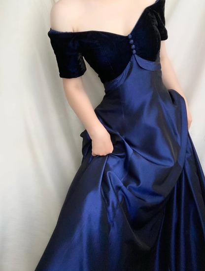 Vintage Navy Blue A Line Off the Shoulder Velvet Satin Prom Dress Evening Dress SH6338