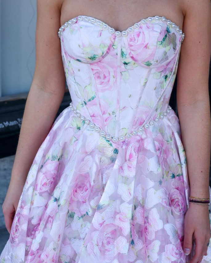 Sweety Pink Ball Gown Strapless Print Floral Tulle Long Prom Dress Evening Dress SH6587
