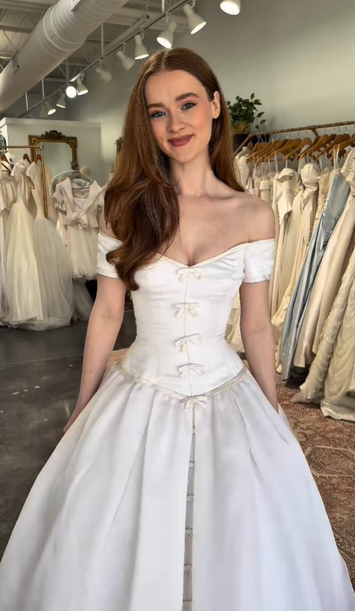 Retro Gentle A Line Off the Shoulder Bow Satin Long Wedding Dress SH6093