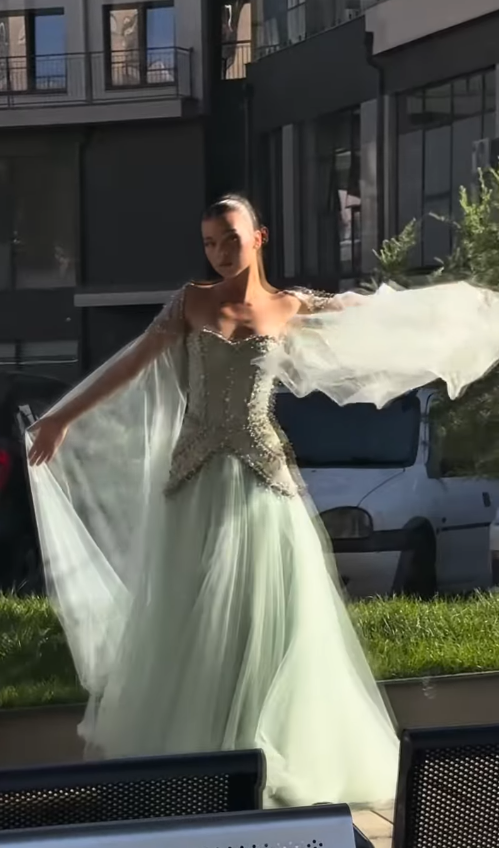 Summer Green A Line Beaded Flowy Tulle Long Prom Dress Evening Dress SH6758