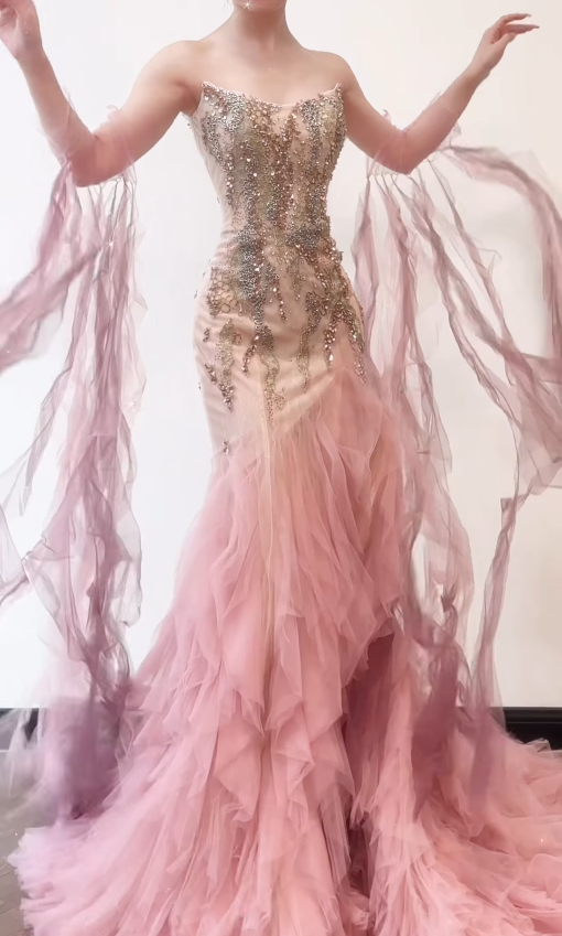 Pink Mermaid Strapless Beaded Tulle Long Sweep Prom Dress 16th Birthday Dress SH4648