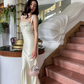 Simple Ivory A Line Straps Satin Long Wedding Guest Dress Party Dress SH3305