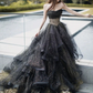 Black Strapless Tulle Princess Ball Gown Long Prom Dress Quinceanera Dress SH1035