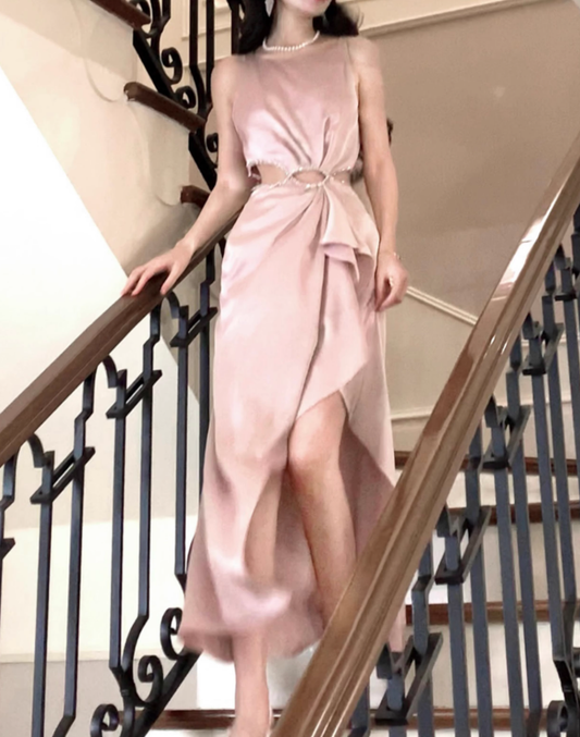 Light Pink A Line Straps Rhinestone Satin Prom Dress Evening Dress Formal Dress with Slit SH4085