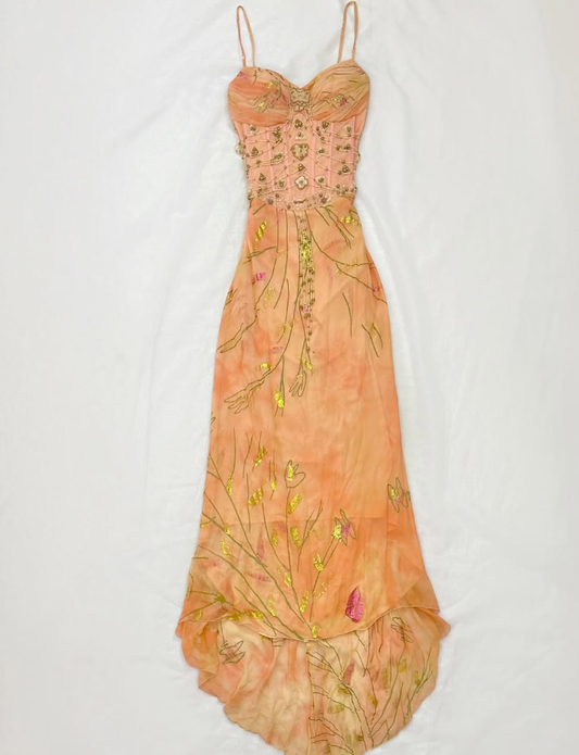 Retro Orange Print Floral A Line Spaghetti Straps Chiffon Long Prom Dress Cocktail Dress SH3547