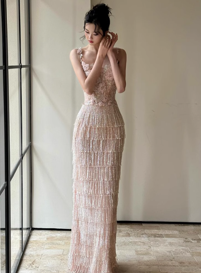 Exquisite Beaded Floral A Line Spaghetti Strap Tulle Long Evening Dress Gown Dress SH3586