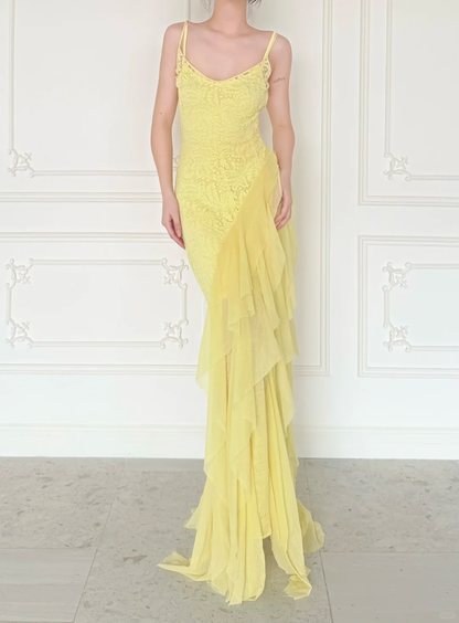Stunning Yellow Sheath Spaghetti Strap Lace Chiffon Prom Dress Evening Dress SH6760