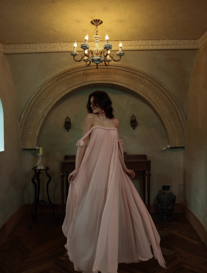 Gentle A Line Spaghetti Strap Pleated Light Pink Chiffon Prom Dress Formal Dress SH4170