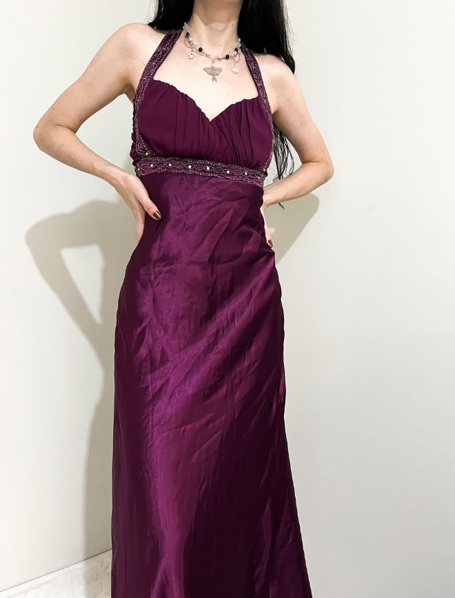 Vintage A Line Halter Beaded Purple Satin Open Back Prom Dress Graduation Prom Dress SH2585