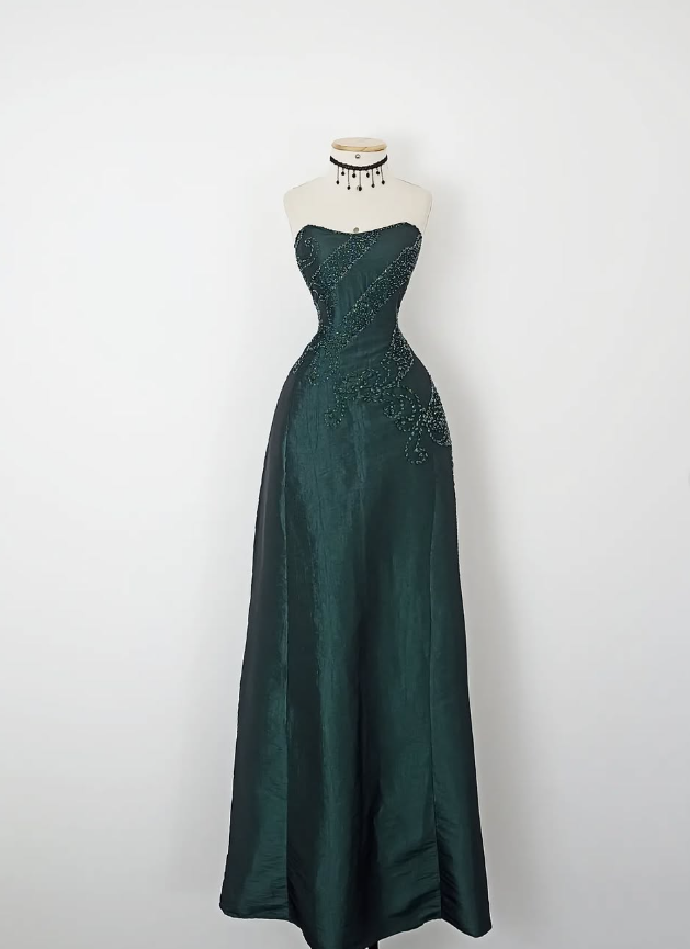 Vintage A Line Sweetheart Neck Green Beaded Satin Long Evening Dress Party Dress SH3170