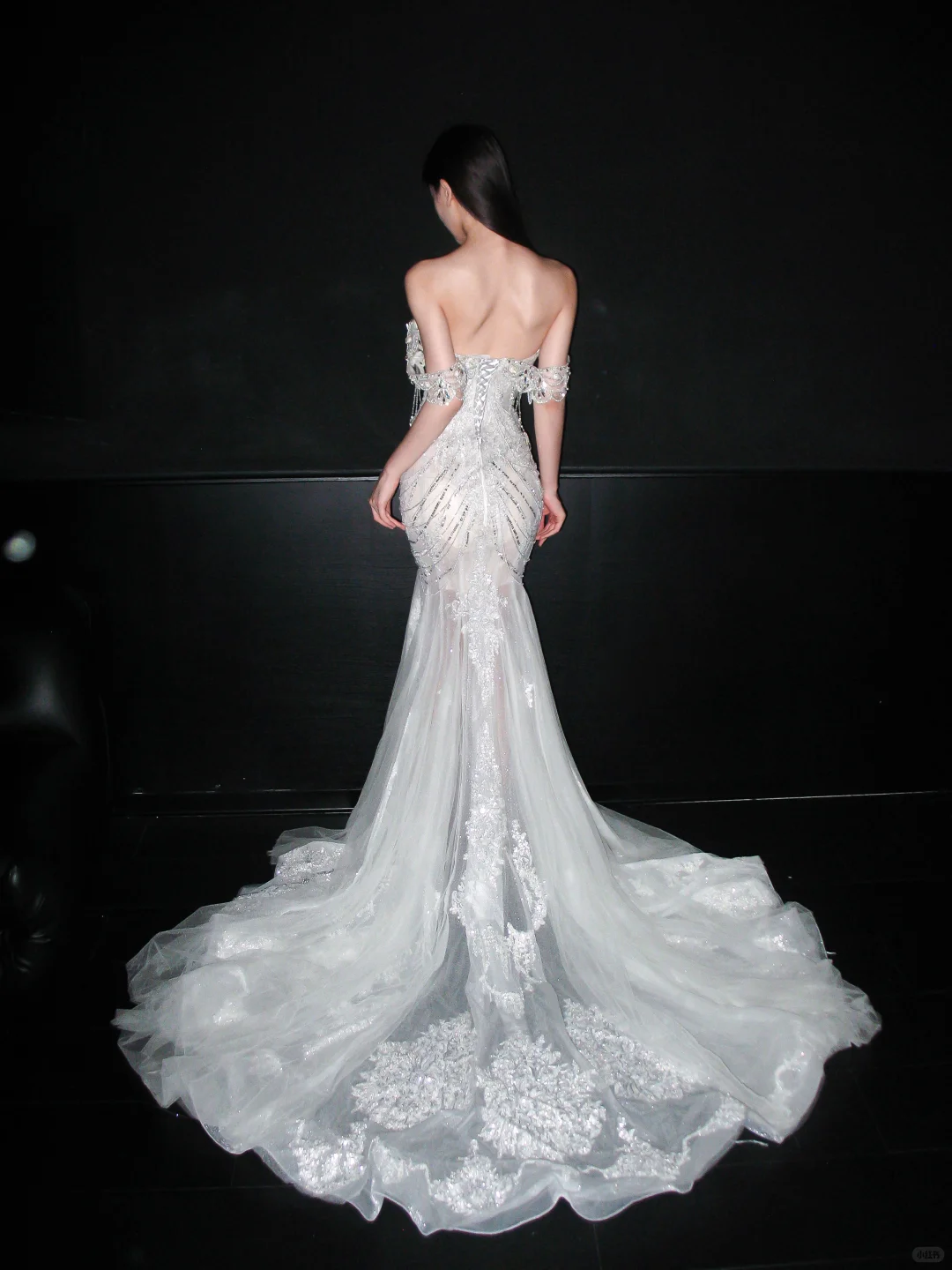 Glamorous Mermaid Off the Shoulder Shiny Rhinestone Tulle Long Train Wedding Dress SH8899
