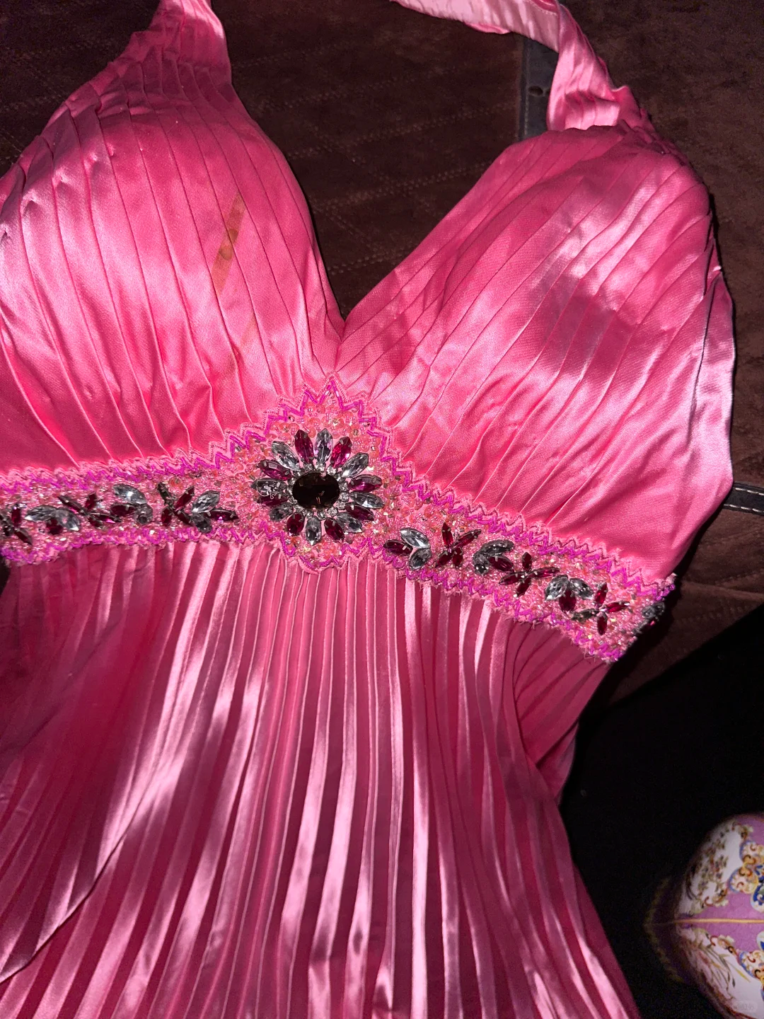 Barbie Pink A Line Halter Beaded Pleated Satin Open Back Prom Dress Ev shinydress Barbie Pink A Line Halter Beaded Pleated Satin Open Back Prom Dress Ev shinydress