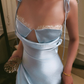 Baby Blue A Line Spaghetti Strap Lace Satin Prom Dress Evening Dress SH8783