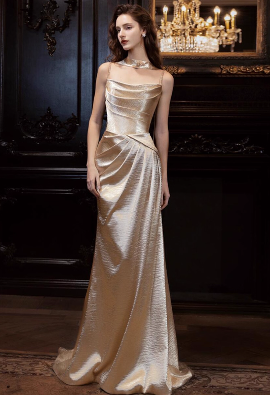 Champagne A Line Spaghetti Strap Pleated Satin Prom Dress Party Dress SH4140
