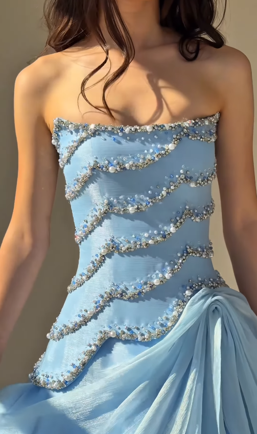 Exquisite A Line Strapless Beaded Blue Satin Long Prom Dress Evening Dress SH6744