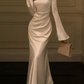 Vintage White Bell Sleeve Ruched Satin Mermaid Prom Dress Evening Dress SH1243