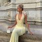 Glamour Yellow Mermaid Halter Sequin Satin Backless Long Prom Dress Party Dress SH6423