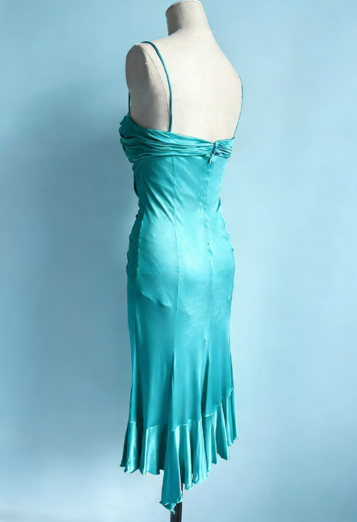 Vintage Blue Lake A Line Spaghetti Strap Ruffle Satin Short Homecoming Dress Outfits SH5139