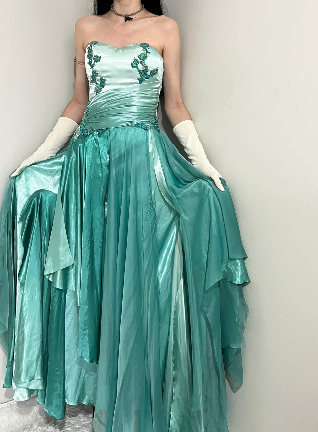 Blue Ombre Vintage A Line Sweetheart Neck Appliques Satin Chiffon Prom Dress Evening Dress SH2540