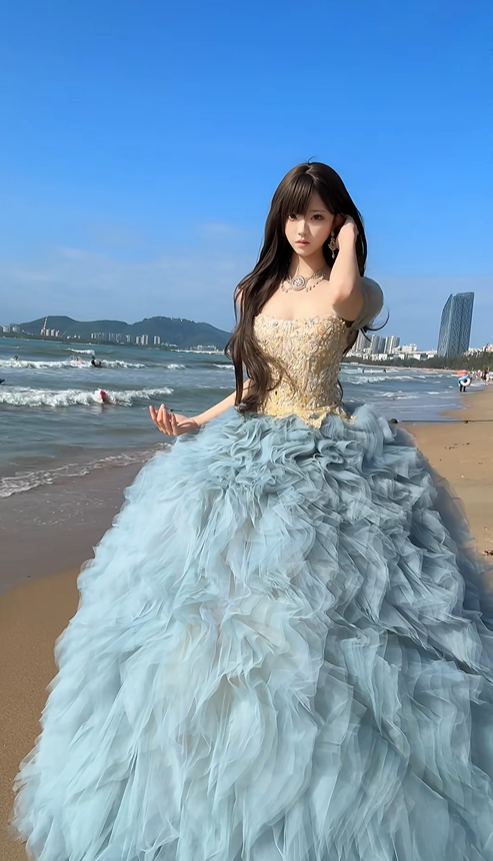 Dreamy Blue Ball Gown Off the Shoulder Beaded Tulle Prom Dress 16th Birthday Dress SH5028