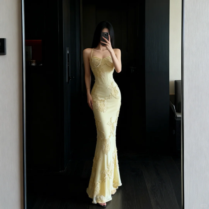 Yellow Mermaid Spaghetti Straps Appliques Tulle Satin Prom Dress Evening Dress SH5110
