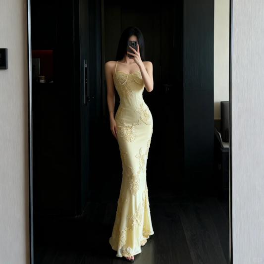 Yellow Mermaid Spaghetti Straps Appliques Tulle Satin Prom Dress Evening Dress SH5110