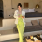 Green Sheath Straps Ruffle Chiffon Long Prom Dress SH4577